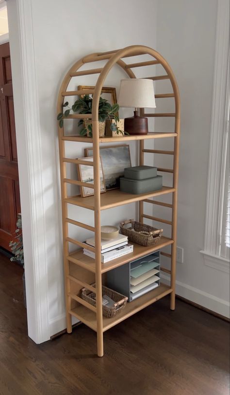 Bookcase, shelf styling, home office, office decor, neutral aesthetic, neutral spaces, interiors, simplicity Arched Bookcase, Rose Gold Room Decor, 70s Interior, Easy Room Decor, Dream Apartment Decor, Apartment Decor Inspiration, Dream Room Inspiration, Cozy Living Rooms, New Room