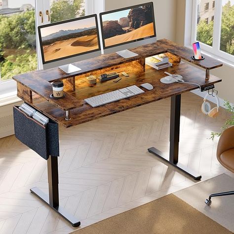 Amazon.com: Bestier LED Electric Standing Desk Adjustable Height, 58x26 Inch Large Sit Stand Desk with Monitor Stand, Ergonomic Rising Desk for Home Office Workstation, Headphone Hook Storage Bag Brown : Home & Kitchen Rising Desk, Standing Desk Adjustable, Desk Adjustable Height, Desk With Monitor Stand, Desk With Monitor, Desk With Keyboard Tray, Electric Standing Desk, Adjustable Height Standing Desk, Office Workstations