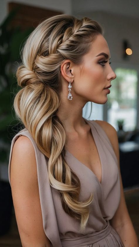 Glamorous Hairstyles for Your Next Event - pulsepathlife.com Wedding Hairstyles Ponytail Low, Blowout Hairstyles With Braid, One Sided Updo Hair, Evening Hair Down Hairstyles, Half Up Loose Braid, Classy Wedding Hair Down Medium Length, Bridesmaid Wedding Updo, Updos For Medium Length Hair Blonde, Cocktail Evening Hairstyles