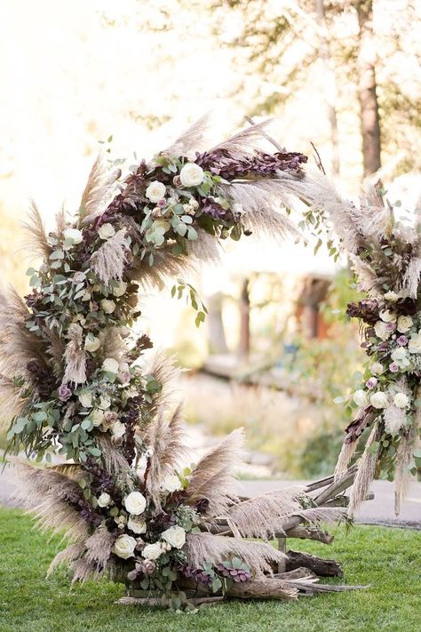 Purple Pampas Grass Wedding, Purple And Pampas Grass Wedding, Lavender And Sage Reception, Boho Wedding Lavender, Purple Pampas, Pampas Grass And Lavender Wedding, Purple Pampas Grass Decor, Lavender And Pampas Wedding, Beige And Lavender Wedding