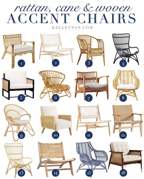 Best Rattan, Cane and Woven Accent Chairs for All Budgets! Rattan Living Room Chairs, Wicker Sunroom Decorating Ideas, Modern Rattan Chair, Rattan Sunroom Furniture, Coastal Salon Decor, Rattan Accent Chair Living Room, Rattan Decor Interior Design, Wicker Chair Bedroom, Kelly Nan