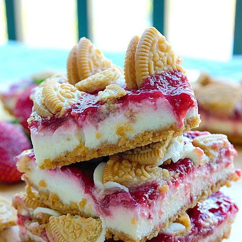 Golden Oreo Strawberry Cheesecake Bars Strawberry Oreo Cheesecake, Strawberry Cheesecake Bars, Golden Oreo, Cheesecake Bars, Harvest Festival, Strawberry Cheesecake, Eat Dessert, Yummy Food Dessert, Sweet Snacks