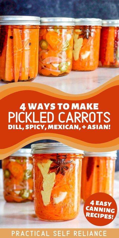 Mexican Pickled Carrots, Easy Canning Recipes, Pickled Veggies Recipe, Canning Carrots, Spicy Pickled Carrots, Carrot Pickle, Pickled Carrots Recipe, Pickled Carrot, Easy Pickling Recipes