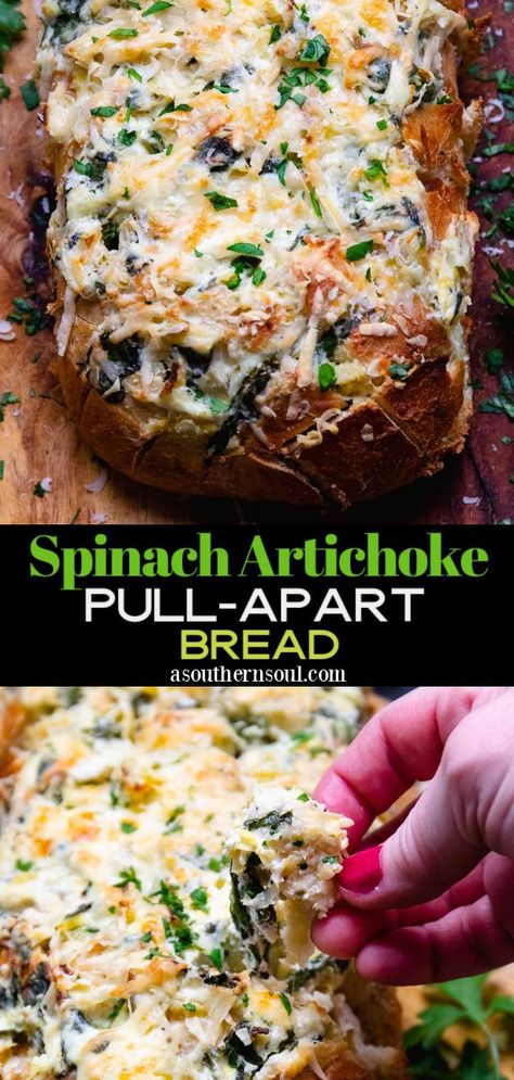 Pull A Part Bread Recipes, Spinach Artichoke Bread Pull Apart, Pull Apart Spinach Artichoke Bread, Spinach Bread Recipe, Spinach Artichoke Pull Apart Bread, Artichoke Pull Apart Bread, Pull Apart Recipes, Bread Bowl Dip, Artichoke Bread