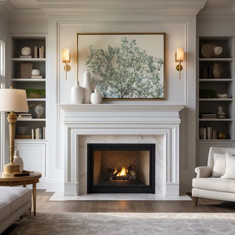 White Living Room Fireplace Ideas, Brownstone Fireplace Mantel, Decorating Ideas For The Home Living Room With Fire Place, Living Room With A Chimney, Fire Places Ideas Living Room Classic, Large White Fireplace, Large Wall With Fireplace, Mantle And Bookshelves, Windows Both Sides Of Fireplace