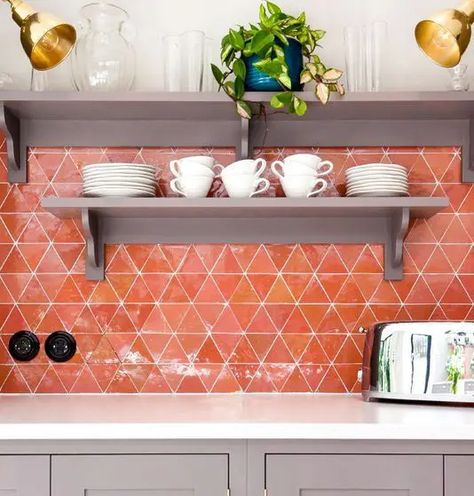 a super bold orange geo tile backsplash is a bold solution for a modern kitchen, it will add much color to the space Orange Tile Kitchen, Colorful Kitchen Backsplash, Color Tile Backsplash, Kitchen Feature Wall, Funky Kitchen, Colorful Backsplash, Colourful Kitchen, California Contemporary, Bold Kitchen