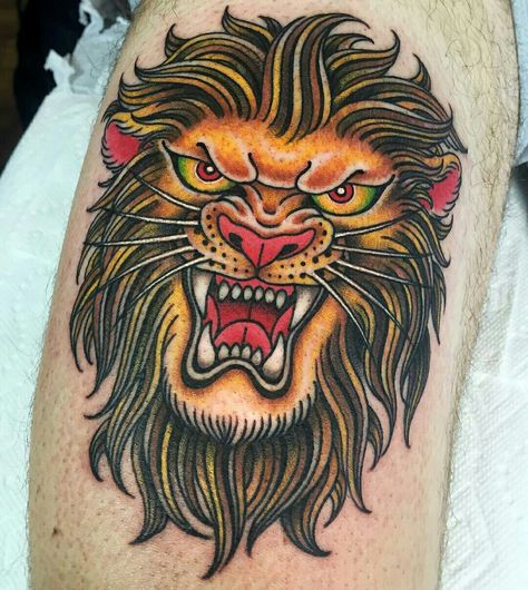 Trad Lion Tattoo, Traditional Lion Head Tattoo, Old School Lion Tattoo, Lion Traditional Tattoo, American Traditional Lion, Bright Eyes Lyrics, Yellow Rose Tattoo, Eyes Lyrics, Yellow Rose Tattoos