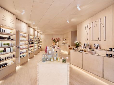 Mythology crafts warm plywood interiors for Shen beauty store in Brooklyn Plywood Counter, Plywood Interior, Store Concept, Cosmetics Store, Turquoise Painting, Makeup Store, Retail Interior, Store Design Interior, Nanjing