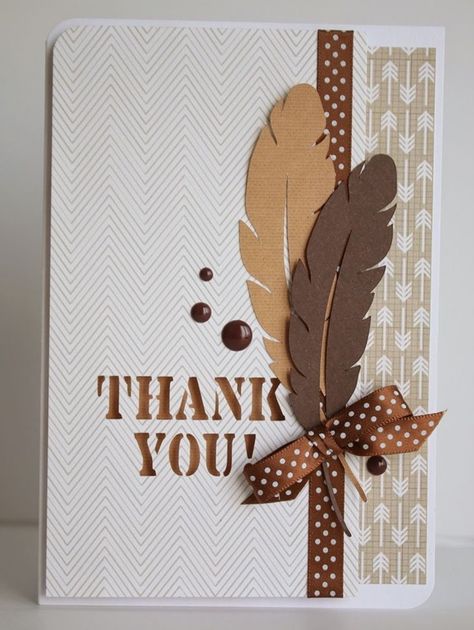 Feather Cards, Desain Quilling, Handmade Thank You Cards, 카드 디자인, Cricut Cards, Scrapbooking Diy, Birthday Cards Diy, Thanksgiving Cards, Handmade Greetings