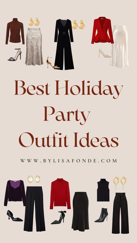 Find the best holiday party outfit ideas for women in this article. Best Christmas outfits for women. Classy holiday party outfits for women. Work holiday party outfit women. Office holiday party outfit ideas. Holiday party outfits casual. Cute and comfy holiday party outfits. Professional holiday party outfit ideas for classy women. Women's Christmas Party Outfit, Christmas Party Outfits Casual Work, Classy Christmas Outfit Casual, Chic Winter Party Outfits, Black Pants Holiday Outfit, Festive Business Casual Outfits, Holiday Festive Attire, Festive Attire Holiday Party, Christmas Party Host Outfit