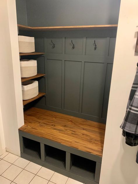 Entry Way Hall Closet Organization, Exposed Coat Closet, Kallax In Entryway, Coat Closet Cubbies, Entry Way Coat Closet Ideas, Hallway Closet Drop Zone, Front Entry Way Closet Ideas, Coat Closet To Entry Nook, Front Door Closet Makeover