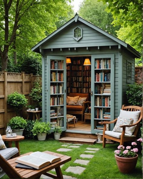 She Shed Patio Ideas, Greenhouse Bookshelf, Library Garden Ideas, Outdoor Garden Rooms Ideas, Reading Shed Ideas, Whimsical She Shed, Book Shed Backyards, Outdoor Book Nook, Library Shed Backyards