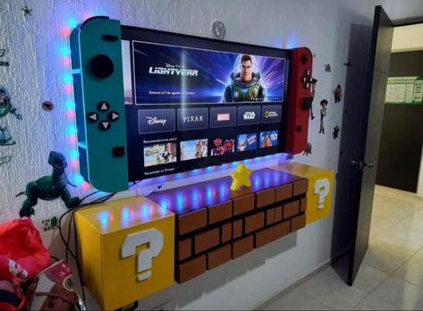 Gaming Themed Bedroom, Hostel Room Makeover, Nintendo Room, Gamer Room Diy, Video Game Bedroom, Mario Room, Games Room Inspiration, Pokemon Room, Mario Theme