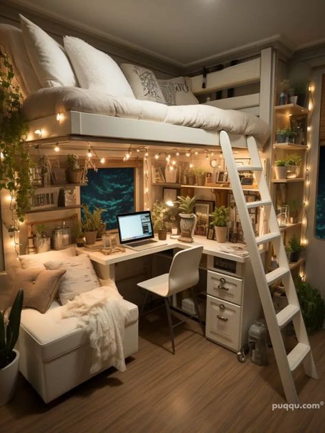 Gamer Dorm Room Ideas, Spacious Room Ideas Bedrooms, Loft Bed With Couch Under, Cute Dorm Room Ideas Lofted Beds, Dorm Study Space, Loft Bed Ideas With Desk, Bedroom Ideas With Loft Beds, Anime Dorm Room, Loft Bed Ideas For Small Rooms Space Saving