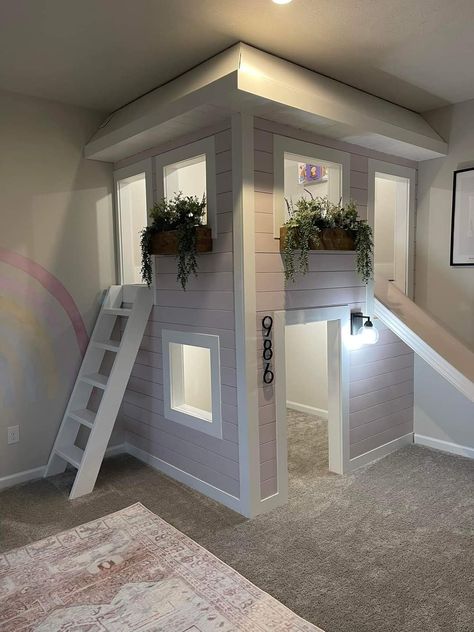 Playhouse Room Ideas, Play Loft Ideas, Playroom Playhouse With Slide, Play House In Playroom, Playroom Loft With Slide, Diy Indoor Playhouse With Slide, Diy Loft Play Area, Diy Play House Indoor, Lofted Play Space