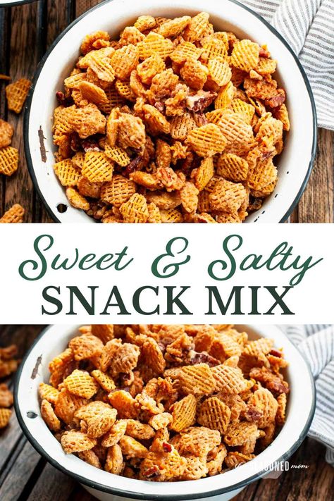 The ultimate crowd-pleasing party food! With just 4 simple ingredients -- pecans, Crispix cereal, butter, and brown sugar -- you can whip up this crunchy, sweet and salty snack mix in a matter of minutes. Corn Syrup Chex Mix Recipes, Sweet And Salty Party Mix Recipe, Recipes Using Crispix Cereal, Dessert Snack Mix Recipes, Chex Mix Recipes Salty, Party Chex Mix Recipes Sweet, Snacks With Chex Cereal, Check Mix Recipes Original, Sweet Crispix Recipes