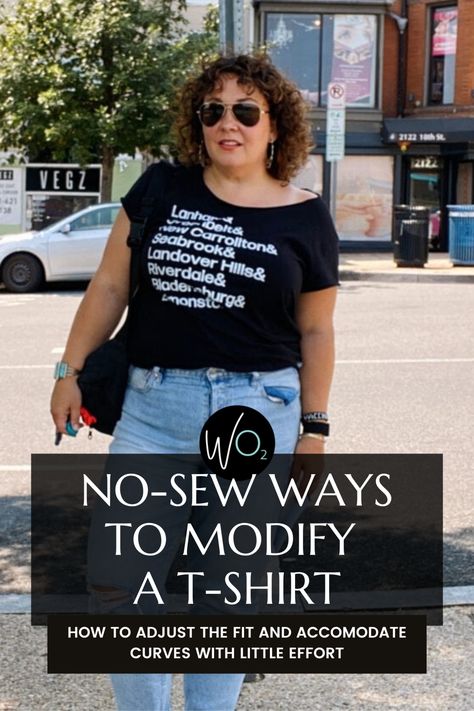 Modify Tee Shirt No Sew, Redo Tshirts Diy, How To Alter An Oversized Shirt, How To Make A Shirt Bigger Diy, Shirt Transformation Diy No Sew, Tshirt Upgrade Diy, T Shirt Revamp Diy, Making A T Shirt Cute, How To Make A Mens Tee Shirt Feminine