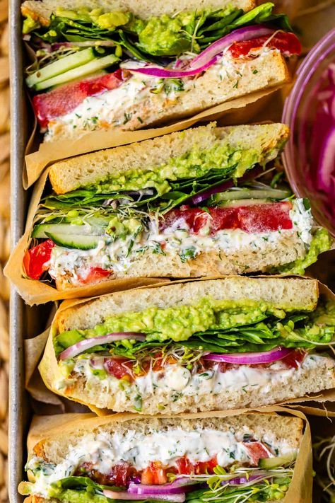 Laura's Amazing Fresh Veggie Sandwich from The Food Charlatan Ina Garten Sandwich Recipes, Vegetarian Gourmet Sandwich, Cold Veggie Sandwich, Brie Sandwich Vegetarian, Sandwich Ideas For Lunch Cold, High Fiber Sandwiches, Pita Sandwich Recipes Vegetarian, Sourdough Veggie Sandwich, Fall Veggie Sandwich