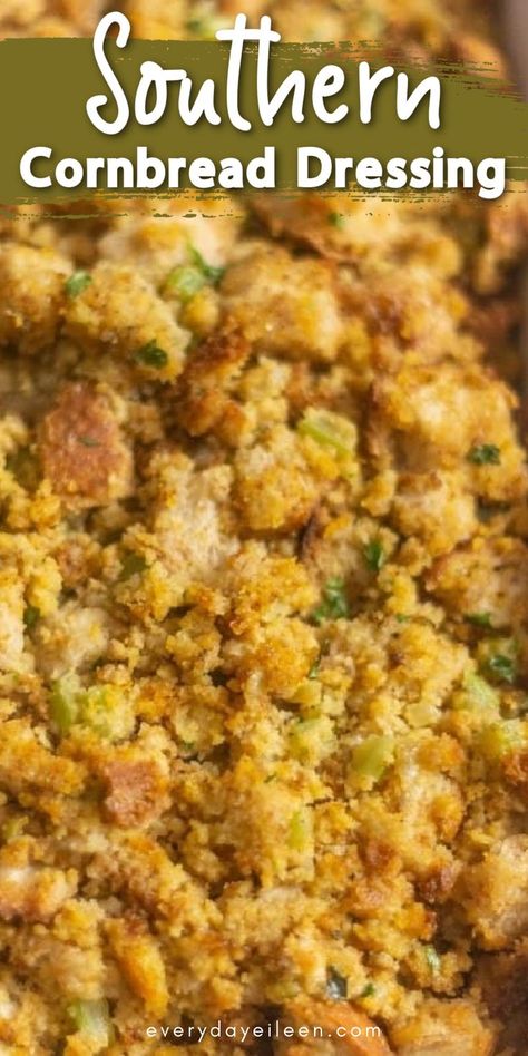 overhead image of cornbread stuffing with Pinterest overlay Best Southern Cornbread Dressing, Southern Dressing Recipe, Easy Southern Cornbread, Cornbread Southern, Southern Dressing, Dressing Thanksgiving, Southern Cornbread Dressing, Cornbread Stuffing Recipes, Dressing Recipes Thanksgiving