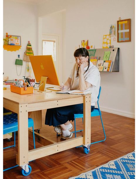 Soundproofing Office Space, Mid Century Art Studio, Ikea Workbench Hack, Artist Desk Workspaces, Artist Desk Ideas, Work Station Ideas Home, Home Office Studio Creative Workspace, Art Studio Table, Colourful Home Office