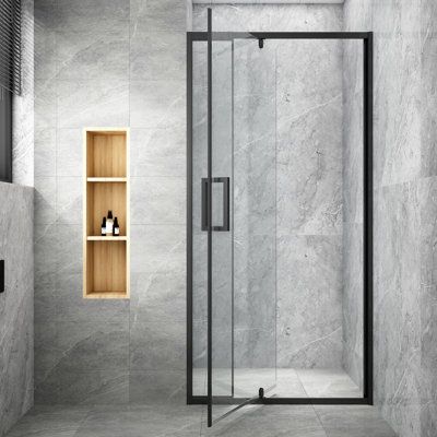 32 - 36 in. x 72 in. Framed Adjustable Pivot Swing Shower Door in Matte Black Finish: Black | TOOLKISS 32 - 36 In W x 72 In H Pivot Swing Framed Shower Door Tempered Glass in Black | 72 H x 0.25 D in | Wayfair Shower Tub Doors, Semi Frameless Shower Doors, Pivot Shower Door, Framed Shower Door, Bathroom Layouts, Bathtub Doors, Tub Doors, Frameless Shower Doors, Pivot Doors