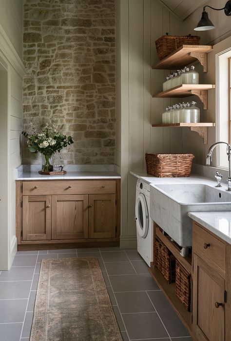 Modern Spanish Laundry Room, Home Laundry Shoot, Amber Interiors Laundry Room, Farmhouse Laundry Room With Dog Wash, Cozy Cottage Laundry Room, Earthy Laundry Room Ideas, Laundry Room Old House, Clean Cottage Style, Country House Laundry Room