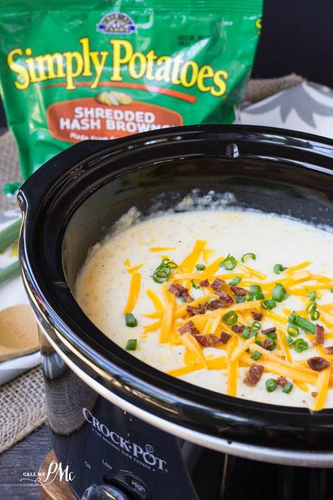 Hash Brown Slow Cooker Potato Soup is creamy, comforting soup without the work! #potatoes #hashbrowns #slowcooker #crockpot #recipe #soup #bacon #cheese #easy Slow Cooker Potato, Slow Cooker Bacon, Simply Potatoes, Slow Cooker Potato Soup, Slow Cooker Potatoes, Crock Pot Potatoes, Potato Soup Easy, Potato Soup Crock Pot, Creamy Potato Soup