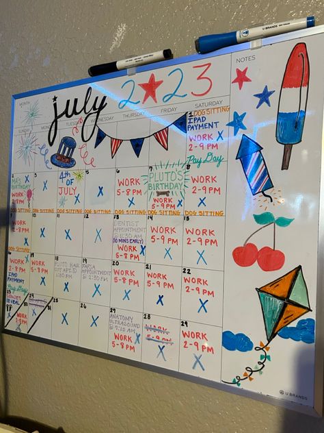 Calander White Board Ideas, Planing Board, June Calander Aesthetic, Calander Board Ideas, July White Board Ideas, Cute Calendar Ideas White Board, July Dry Erase Board Ideas, Calendar Inspo Whiteboard, White Board Calendar