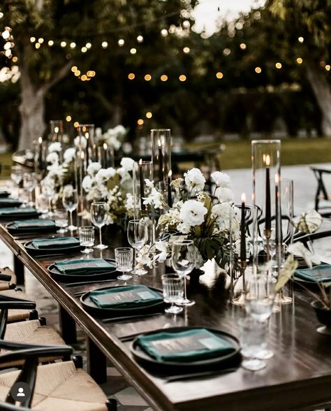 Moody Black And Green Wedding, Esmeralda Green Wedding, Flowers For Dark Green Wedding, Black White And Emerald Green Wedding Table Settings, Wedding Theme Dark Green, Midnight Green Wedding Theme, Emerald Moody Wedding, Black Tie Wedding Emerald Green, Racing Green Wedding