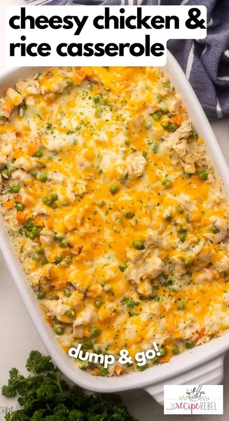 Cheesy Chicken and Rice Casserole is the definition of comfort food! White rice and chicken breasts are baked in a casserole dish to creamy and cheesy perfection. There's also a good amount of veggies in there for those picky eaters at your table! #chicken #dinner #recipe | chicken recipe | chicken breast recipe | dinner ideas | easy dinner recipes | casserole recipes | healthy dinner | family dinner Chicken Corn Casserole Recipes, Chicken Rice Bake Easy, Dinner With White Rice Meals, Dump Chicken And Rice Casserole, Easy Cheesy Chicken Recipes, Chicken Rice And Potatoes Easy Recipes, Chicken Rice And Potatoes, Recipes Using White Rice, Chicken Casserole Dinner Recipes