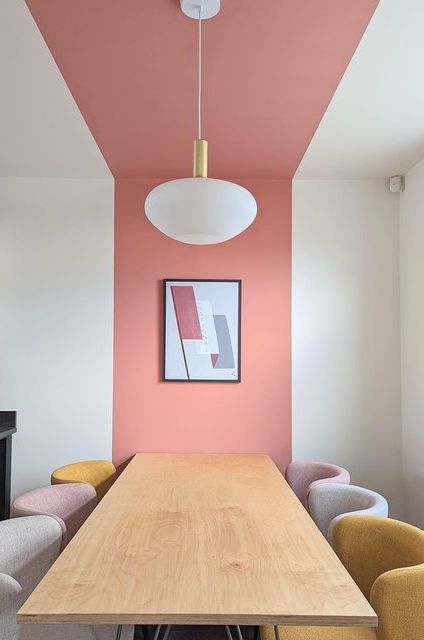 Colour Blocking Open Plan, Square Painted On Wall, Geometric Wall Paint Kitchen, Color Block Dining Room, Feature Wall And Ceiling Same Colour, Block Colour Wall, Painting Bottom Half Of Wall, Kitchen Wall Painting Ideas Creative, Color Block Wall Behind Tv