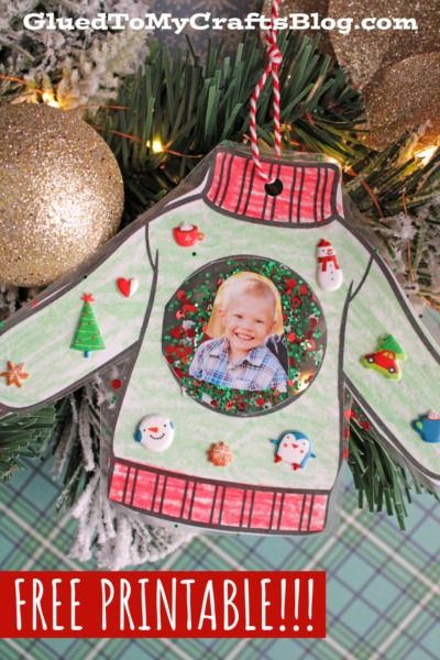 Christmas Sweater Ornament Craft For Kids - Glued To My Crafts Preschool Picture Ornament Craft, Easy Christmas Crafts For Kids At School Diy Ornaments, Ornament Craft With Picture, First Grade Ornament Craft, Easy Picture Ornaments For Kids To Make, Ornaments For Kids To Make With Picture, Pre K Ornament Ideas, Christmas Keepsakes For Kids To Make, Pre K Christmas Ornaments