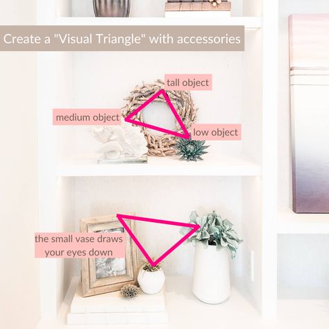 When styling accessories try to create a "visual triangle." As you style different areas of your home you want to group objects that are different heights and sizes. These groups will create your visual triangle. 🔺 Our eyes are naturally drawn to these groupings. If you want more tips like this then you MUST download my Ultimate Interior Design Cheat Sheet Bundle. It's filled with 9 cheat sheets including 4 super handy "how to" style guides. And the best part...it's FREE. 📝 Design Cheat Sheet, Interior Styles Guide, Interior Design Basics, Decorating Rules, Interior Design Principles, Diy Copper, Shelf Decor Living Room, Decorating 101, Interior Decorating Tips