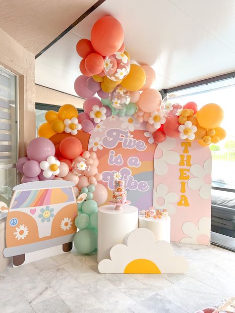 One Grovy Baby, 5 Is A Vibe Backdrop, Two Groovy Photo Backdrop, Hippies Birthday Party, 10 Is A Vibe Birthday, Groovy One Decorations, Flower 5th Birthday Party Ideas, Pastel Color Theme Birthday Party, Cute Bday Themes