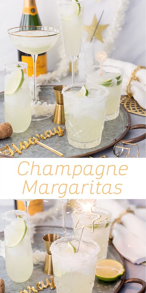 champagne margarita cocktail Mexican Champagne Cocktails, Fun Cocktail Hour Food, Sparkling Margarita Recipe, New Years Party Recipes, Drinks Alcohol Recipes New Years, Sparkle Food Ideas, Nye Champagne Cocktails, Nye Party Drink Ideas, Year Round Table Decor