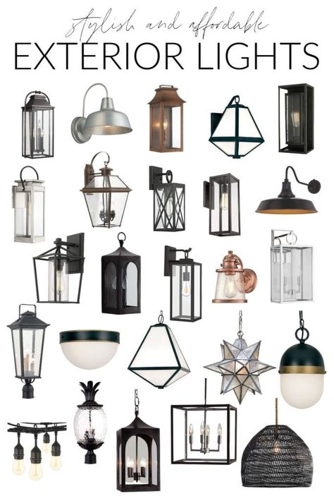 A huge collection of stylish and affordable exterior light fixtures for your home. Includes exterior wall mount fixtures, ceiling mount, post mount, and more in a variety of finishes and sizes! Exterior House Lights, Exterior Wall Light Fixtures, Farmhouse Outdoor Lighting, Garage Door Lights, Front Door Lighting, Porch Light Fixtures, Front Porch Lighting, Life On Virginia Street, Exterior Lights