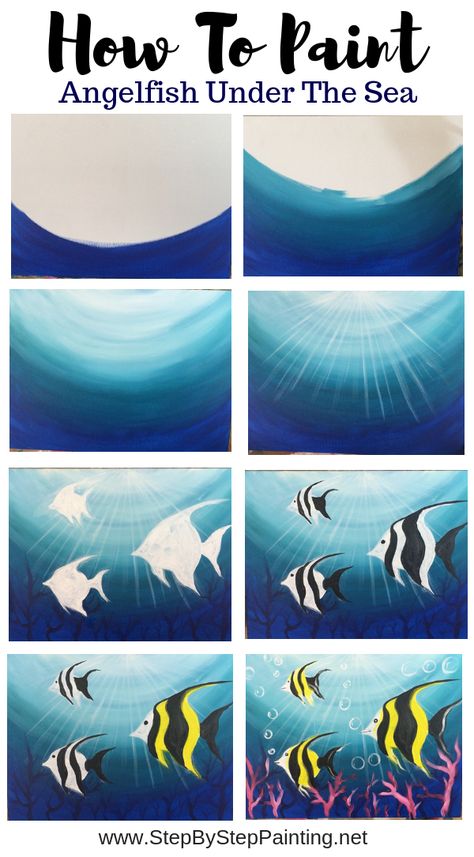 This easy acrylic canvas painting tutorial is great for beginners! You can learn how to paint angelfish under the sea. You can also create your own customized under the sea ocean painting by changing the fish to other sea creatures. Acrylic Tutorials, Underwater Painting, Canvas Painting Tutorials, Easy Canvas Painting, Canvas Painting Diy, Acrylic Painting Tutorials, Sea Painting, Step By Step Painting, Ocean Painting