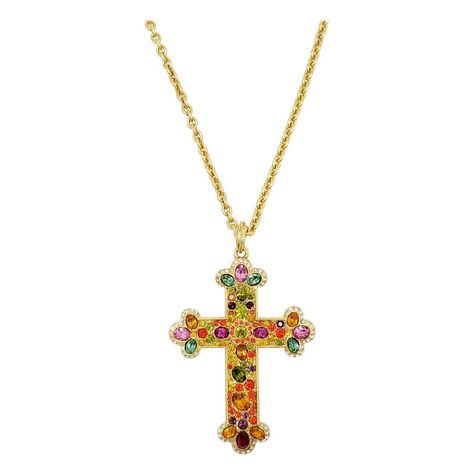 Stunning golden pendant rope necklace from Kenneth Jay Lane! The large statement cross is decorated with colorful crystals Necklace is 27.5 inches around. Marks: KJL Gold Cross Jewelry With Large Pendant, Collectible Gold Cross Pendant Necklaces, Collectible Large Cross Pendant Jewelry, Vintage Large Cross Pendant Jewelry, Luxury Vintage Cross Pendant Jewelry, Long Cross Necklace, Cross Accessories, Golden Pendant, Colorful Crystals