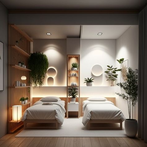 Luxurious Massage Room, Modern Spa Design Interiors, Relaxing Spa Room Ideas, Spa Room Decor Massage Interior Design, Esthetic Studio Decor, Salon Spa Design, Spa Statement Wall, Minimalist Massage Room, Message Room Spa