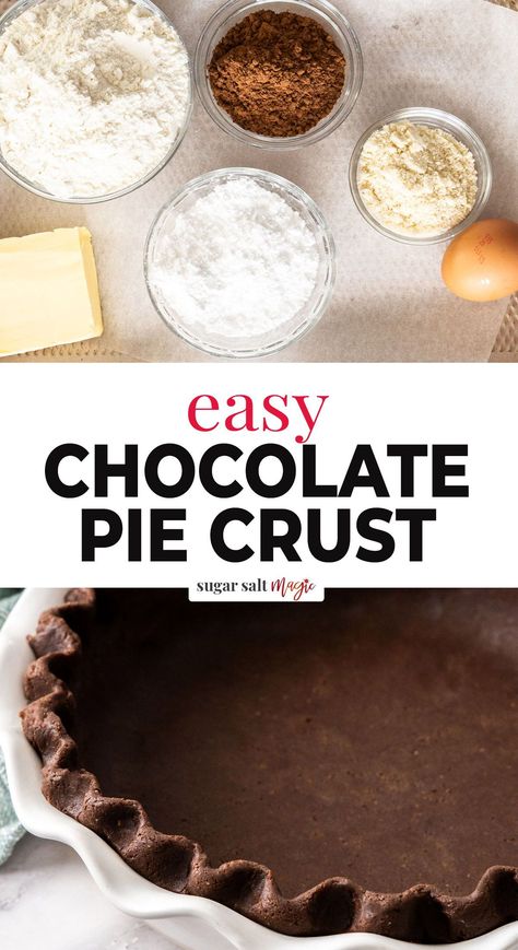 This perfect all-butter chocolate pie crust takes 10 minutes to make and it's loaded with chocolate flavour. Great for all your favourite pies and hand pies. Made in a food processor in mere minutes, with just 6 ingredients, this chocolate pie crust has it all: simplicity, flavour and texture. This chocolate pastry differs slightly with the addition of almond meal / almond flour. This adds a certain tenderness to the pie crust and makes it that much more special. Homemade Oreo Pie Crust, Pie Crust Alternatives, Chocolate Cookie Crust Recipe, Pie Crust Ideas Decorative, Low Calorie Pie Crust, Chocolate Crust Pie Recipes, Chocolate Pie Crust Recipe, Chocolate Crust Recipe, Chocolate Hand Pies