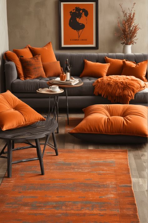 35 Black and Rust Living Room – The Crafty Hacks Rust Living Room Ideas, Orange Curtains Living Room, Black And Rust Living Room, Rust Living Room, Blue And Orange Living Room, Burnt Orange Living Room, Fall Living Room Ideas, Orange Living Room, Black Wall Tiles