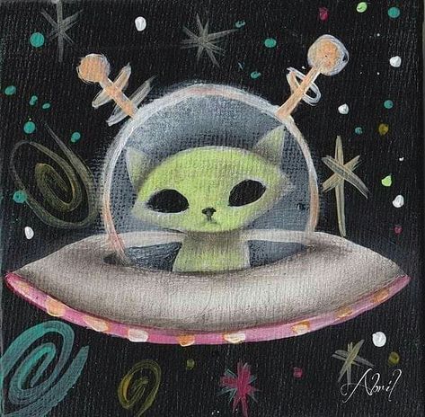 Green Cat, Outer Space, Acrylic Painting, Stars, Green, Home Decor, Art, Home Décor