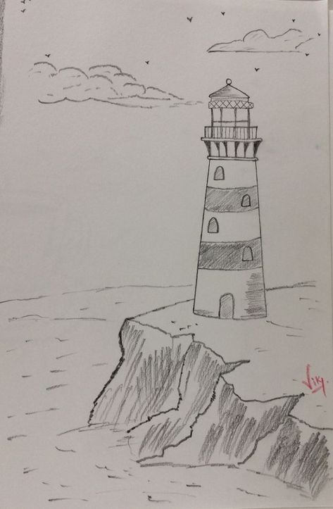 Lighthouse Landscape Drawing, Cute Drawings Landscape, Pretty Buildings To Draw, Things To Draw Landscape, How To Draw A Lighthouse, Beach Pictures Drawing, Easy Nature Drawings For Beginners, Drawing Buildings Sketch Easy, Lake Drawings Easy