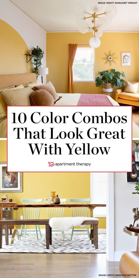 Yellow may seem like an intimidating color choice, but this cheery tone is really versatile. As a member of the warm color family, it packs a punch when paired with a variety of hues, from bright orange to cooler, complementary purple. Here are ten no-fail color combos for decorating with yellow.  #yellow #yellowdecor #colorpalette #yellowcolorpalette #colorcombos #thingsthatgowithyellow Kitchens With Yellow Walls, Yellow Floor Living Room, Bathroom Yellow Walls, Bright Kitchen Wall Colors, Decorating With Yellow Accents, Pale Yellow Walls Living Room, Yellow Livingroomideas, Color Palettes With Yellow, Yellow Ceiling Bedroom