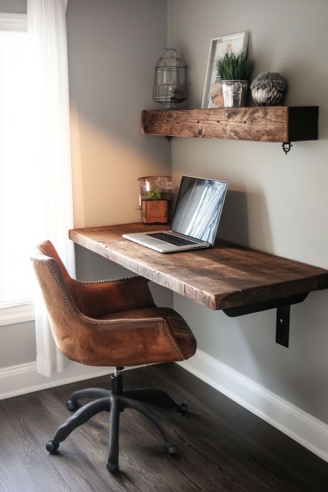 "Create a cozy workspace with a DIY Rustic Wood Floating Desk! 🪵✨ Perfect for small spaces, this project combines style and function, adding a rustic charm to your home office. Get crafting and make work-from-home more enjoyable! 🏡💼 #RusticDecor #DIYDesk #HomeOffice" Diy Hanging Desk, Wood Wall Desk, Minimalist Rustic Decor, Diy Home Desk Small Spaces, Workspace In Living Room Small Spaces, Floating Wooden Desk, Rustic Home Office Design, Floating Desk In Front Of Window, Studying Table Ideas