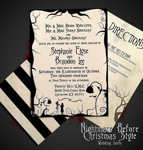 Send your guests Jack Skellington-inspired invitations. 24 Completely Bewitching Tim Burton Inspired Wedding Ideas Wedding Nightmare, Nightmare Before Christmas Party, Christmas Wedding Themes, Christmas Birthday Invitations, Gothic Wedding Invitations, Nightmare Before Christmas Wedding, Halloween Wedding Invitations, Diy Save The Dates, Christmas Wedding Invitations