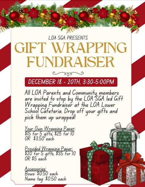 As part of the LOA Student Government Association's (SGA) efforts to raise funds for the senior gift, we are hosting a Gift Wrapping Fundraiser! 🎁 If you are interested, please fill out this form: https://bit.ly/48jeD7Y #CharterSchool #Education #StudentGovernment Event Fundraising Ideas, Club Fundraising Ideas High School, High School Pto Fundraising Ideas, Holiday Fundraiser Ideas School, Vfw Auxiliary Fundraiser Ideas, Senior Fundraising Ideas High Schools, Christmas Fundraising Ideas School, Fundraising Ideas Christmas, Personal Fundraising Ideas