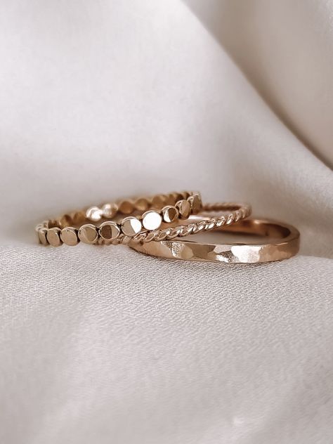 Stacked Rings Set of 3 Gold Stackable Rings Wedding, Stack Up Rings, Everyday Gold Rings, Everyday Ring Stack, White Gold Ring Stack, Solitaire Ring Stack, Rose Gold Ring Stack, Stacking Rings Ideas, Ring Stacking Ideas