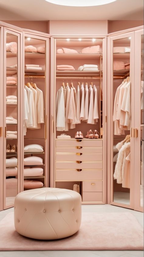 Light pink and rose gold closet Light Pink Walk In Closet, Dream Walking Closet, Wardrobe Design For Women, Pink Walk In Wardrobe, Rose Gold Wardrobe, Pink Wardrobe Bedroom, Pink Closet Ideas, Light Pink Furniture, Luxury Closet Designs Women