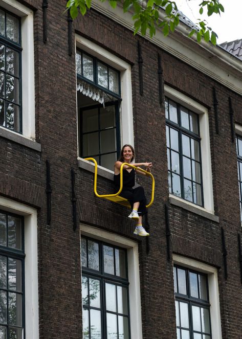 daphné keraudren's metal hung seats challenge the norms of architecture in public buildings Hanging Seating, Traditional Ideas, Urban Furniture Design, Hanging Seats, Public Seating, Metal Bench, Porch And Balcony, Urban Furniture, Structure Architecture